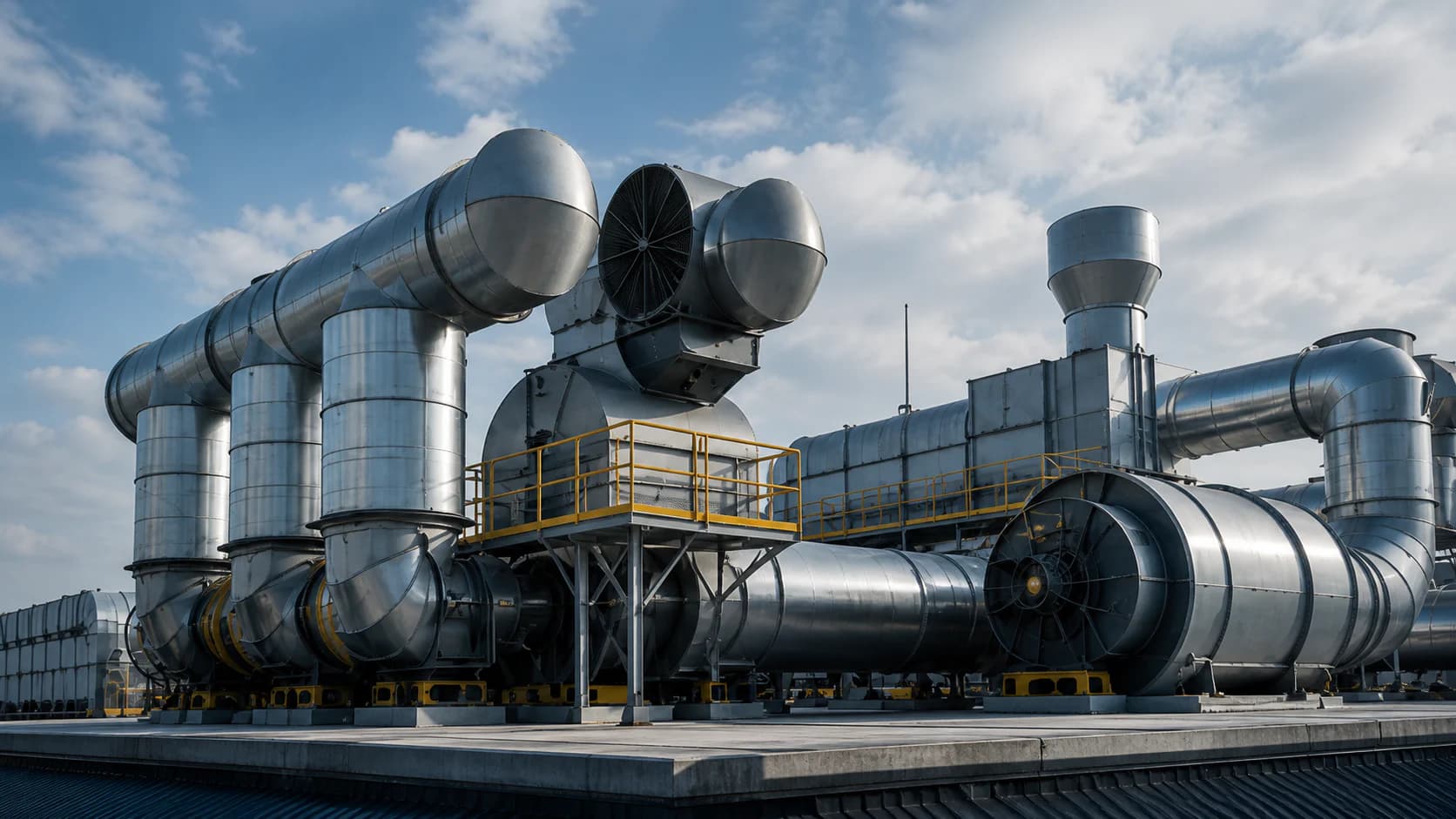 Planta industrial com dutos metálicos e sistema de exaustão instalado no rooftop