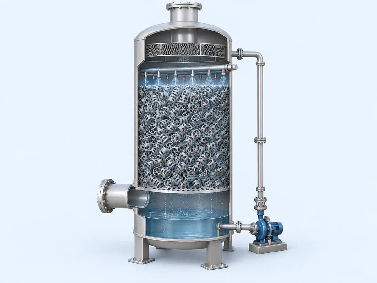 Render em corte de lavador de gases de torre recheada