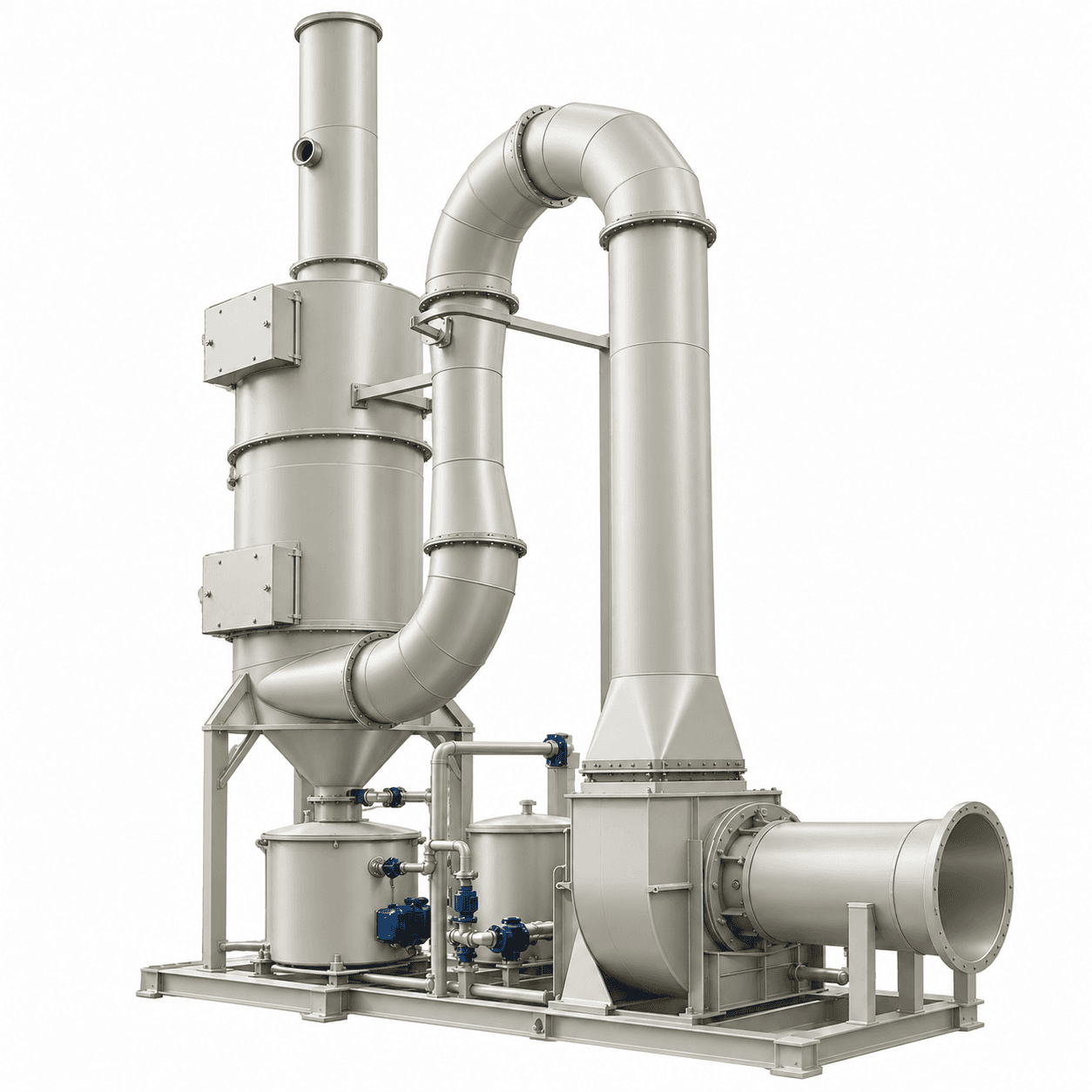 Render ilustrativo de conjunto de lavagem de gases com torre, tubulações e ventilador