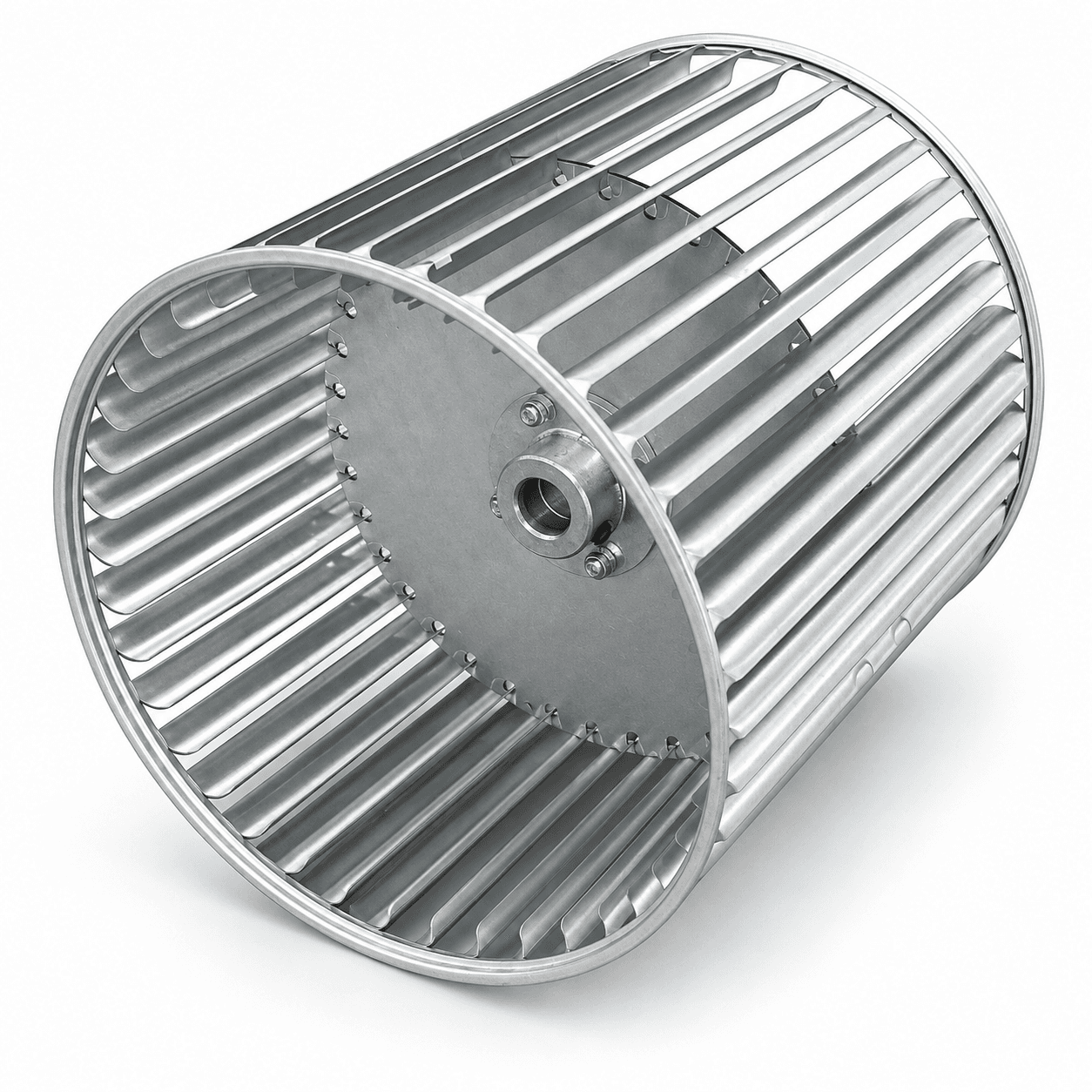 Render de rotor sirocco metálico para representar peças de reposição