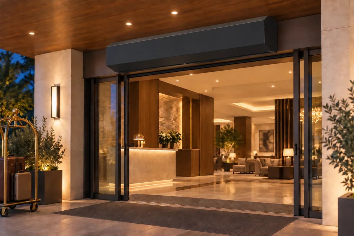 Cena ilustrativa de hotel com TEC AURA preta e carrinho de bagagens