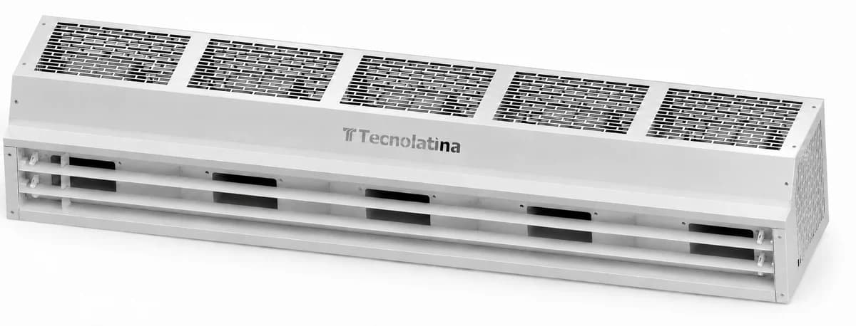 Render da cortina de ar TEC4500 branca, com cinco grades e aletas na saída de ar