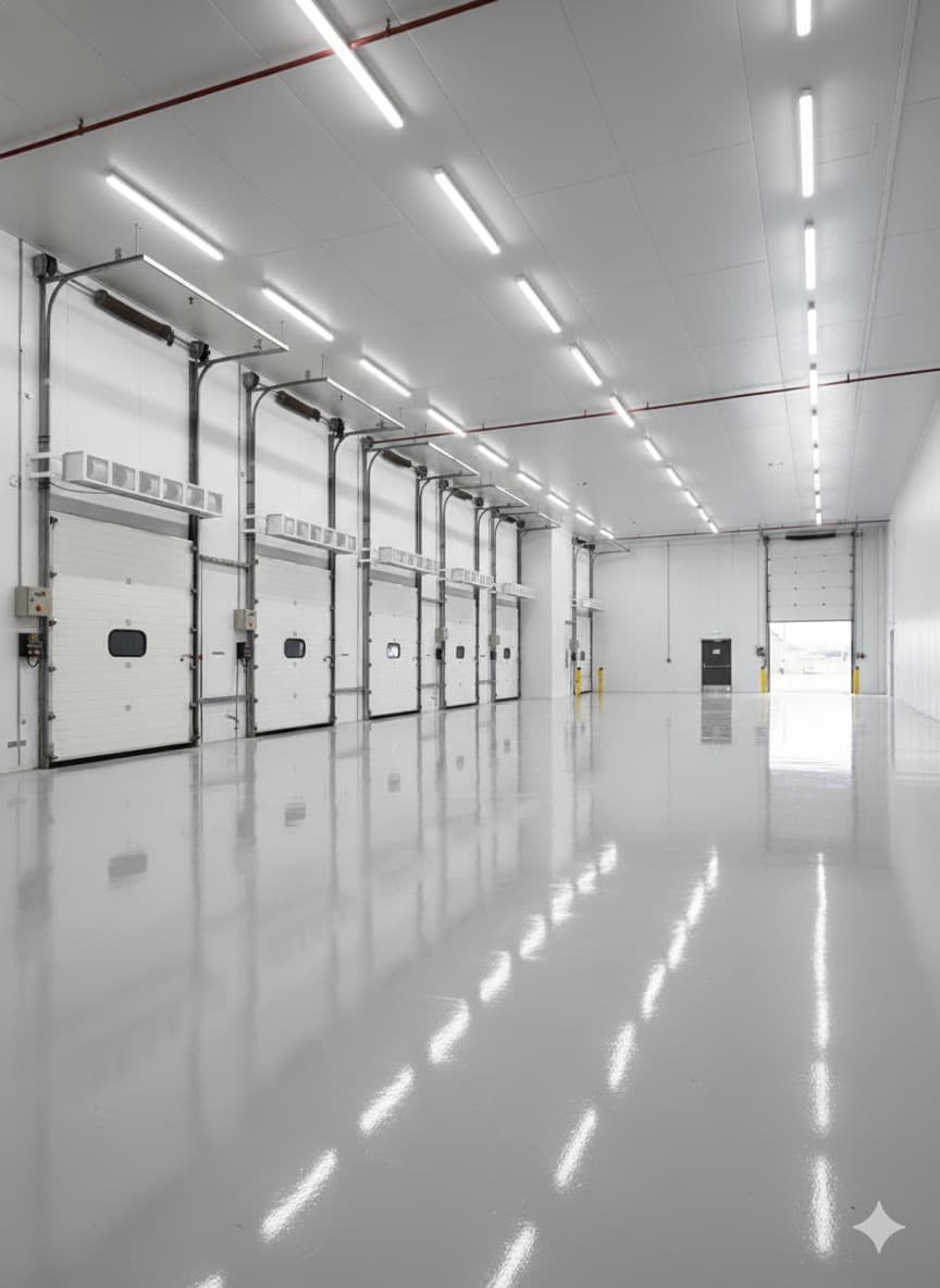 Diversas cortinas de ar industriais instaladas em um centro de distribuição refrigerado