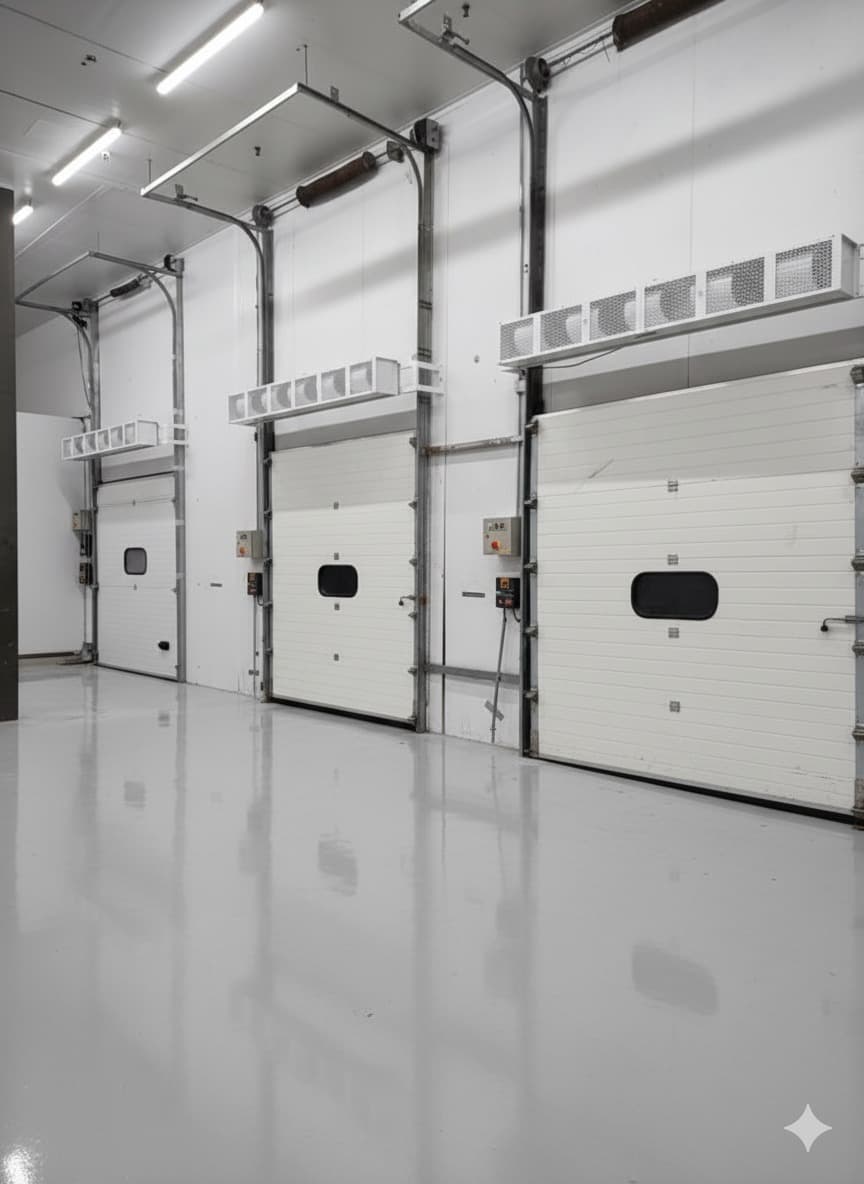 Conjunto de cortinas de ar industriais instalado sobre portas de uma operação frigorificada
