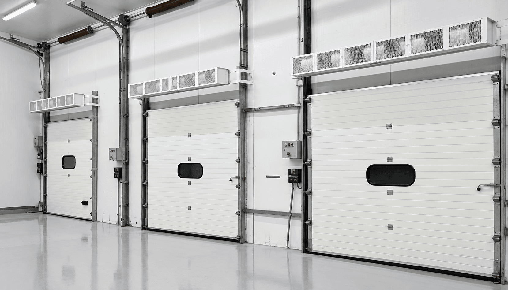 Cortinas de ar instaladas acima de três portas seccionais em ambiente industrial