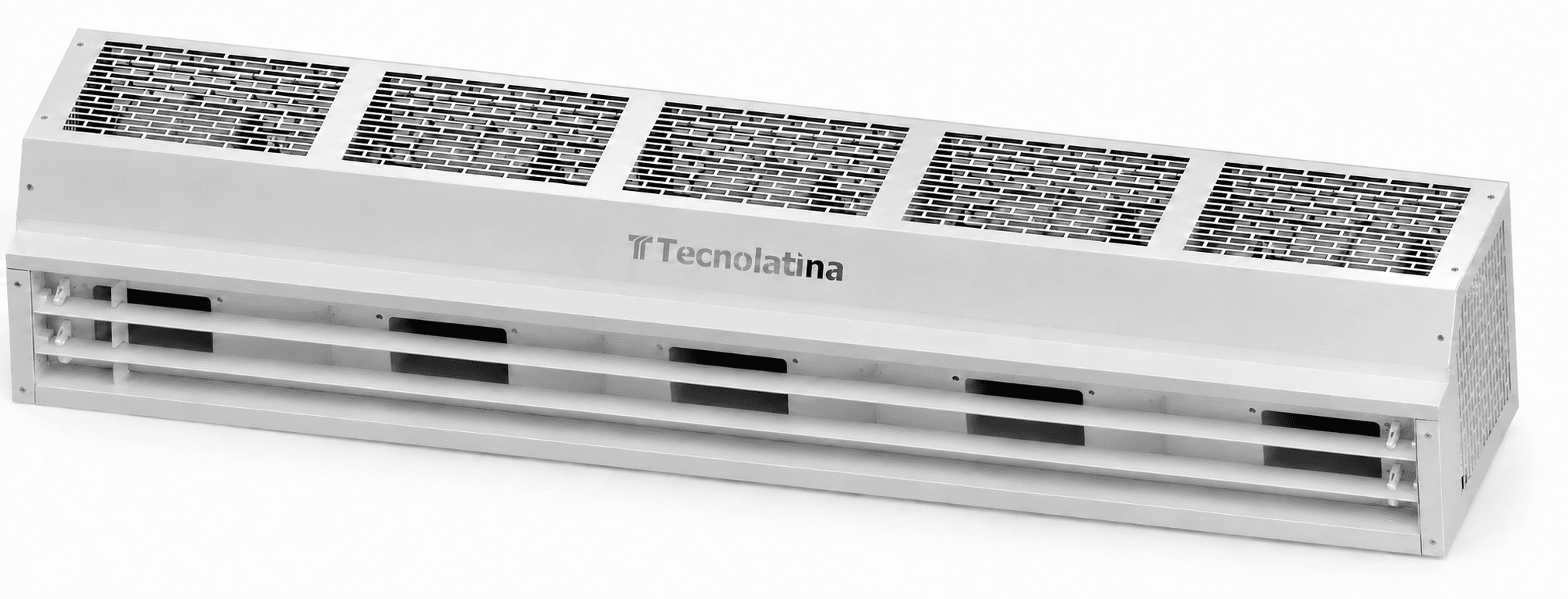 Render da cortina de ar TEC6000, com grades superiores e aletas na saída de ar