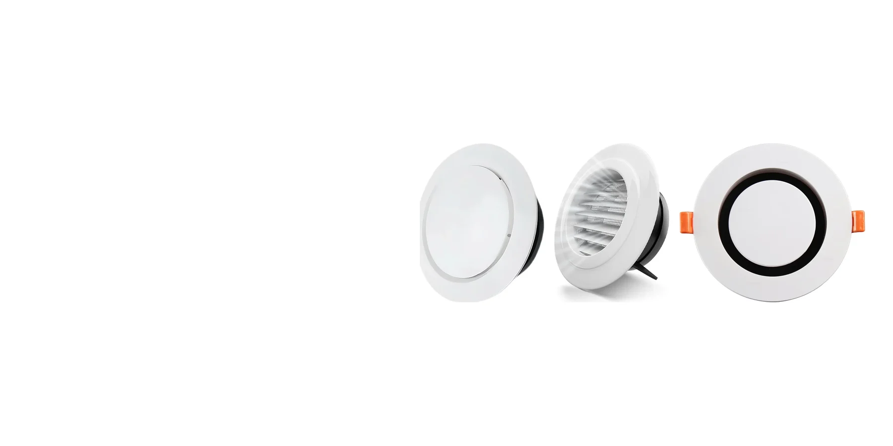 Difusores de ar redondos em ABS branco: liso, com grelha frontal e ultrafino