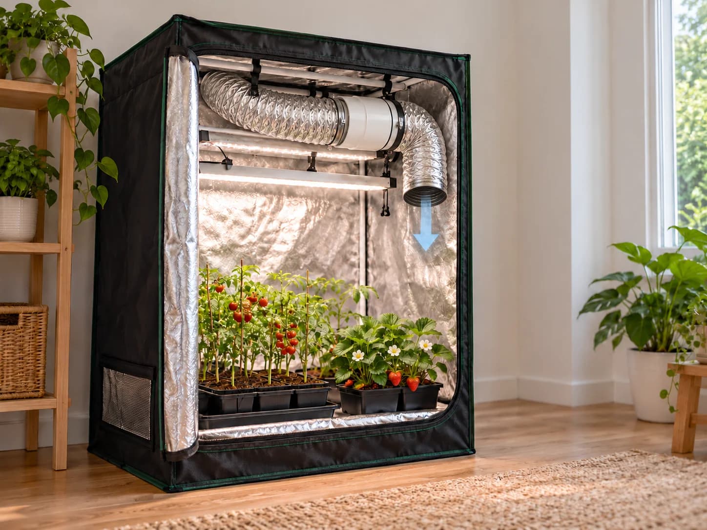 Grow tent aberta com tomates e morangos sob LED, com o exaustor tubular no alto puxando o ar por um duto de alumínio