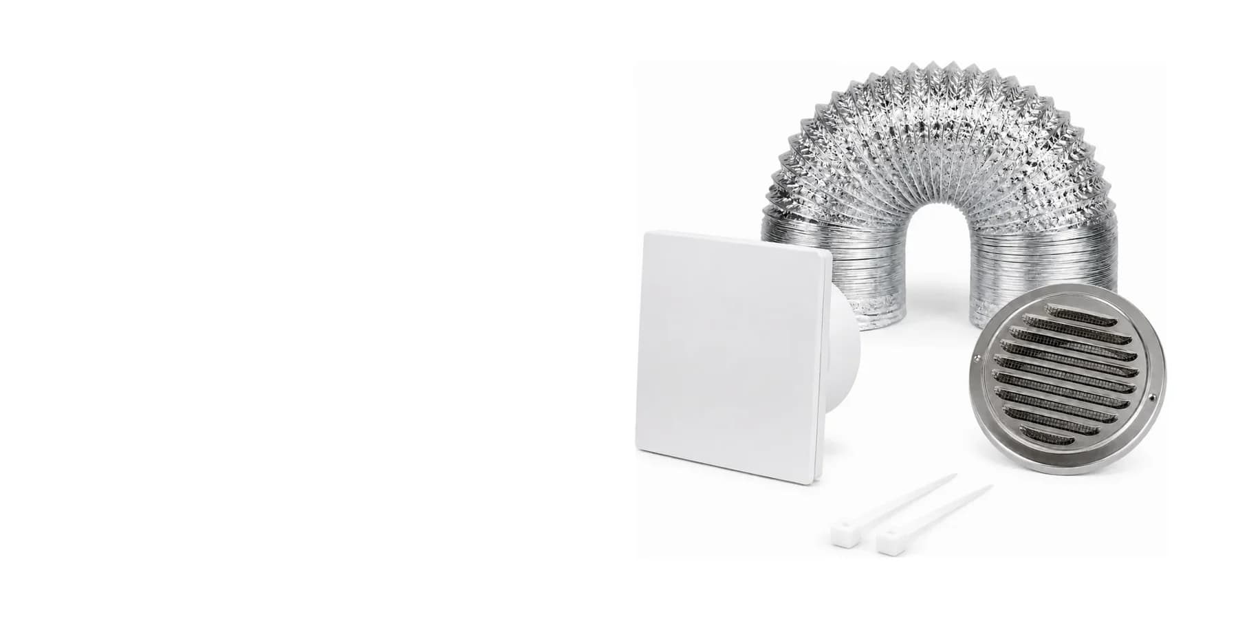 Kit de exaustão com exaustor de banheiro design, duto flexível de alumínio, grelha inox e abraçadeiras