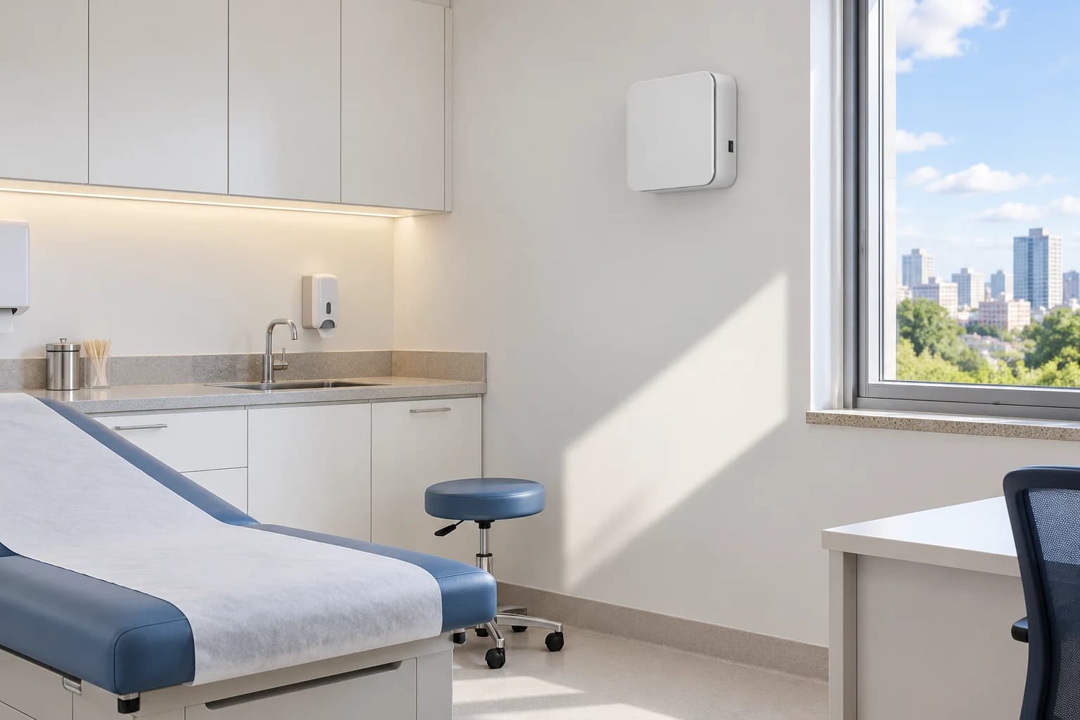 Visualização conceitual de renovador branco com filtro HEPA na parede de uma sala de atendimento hospitalar vazia