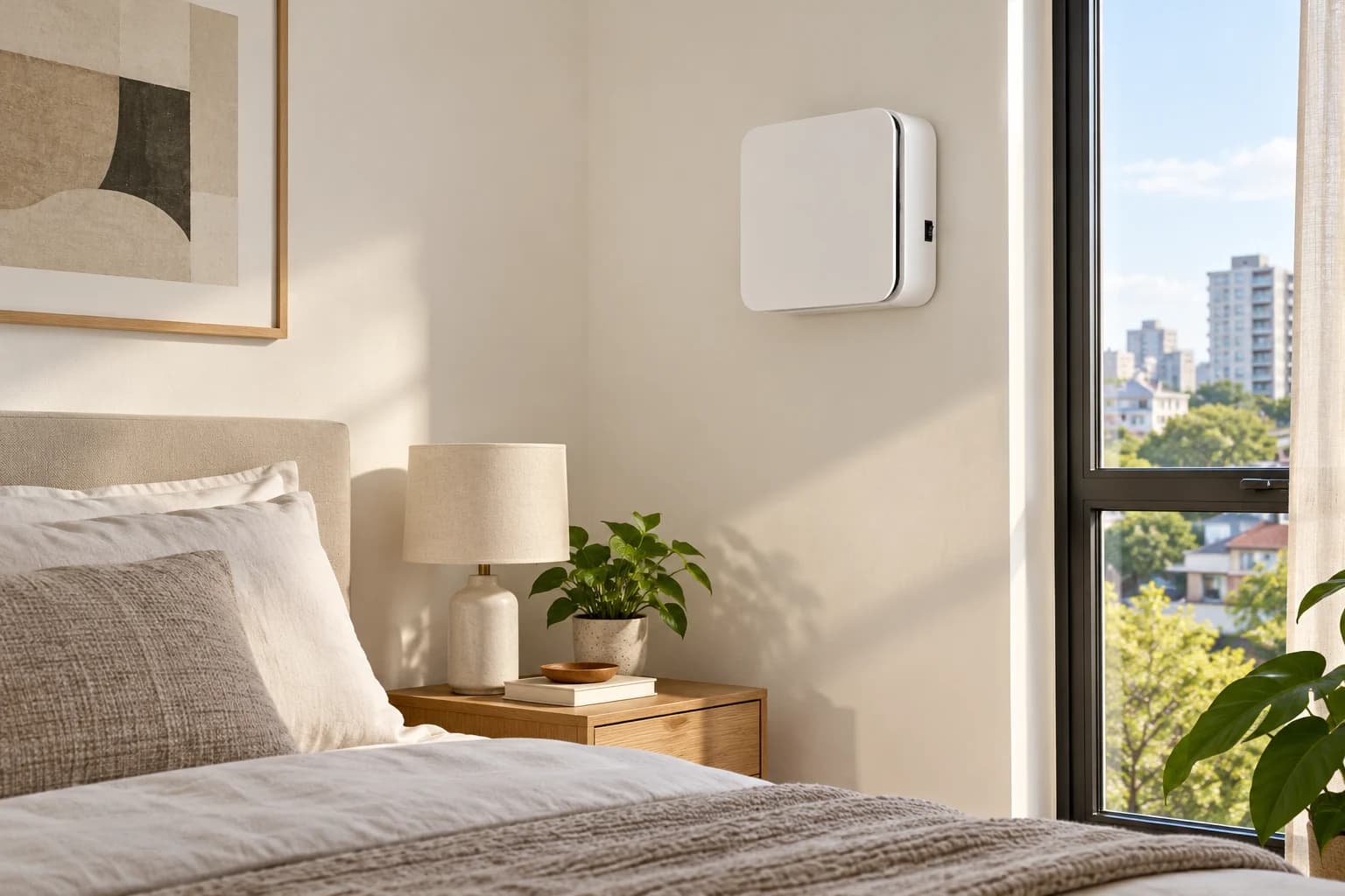 Visualização ilustrativa de renovador branco com filtro HEPA instalado na parede de um quarto, ao lado da janela
