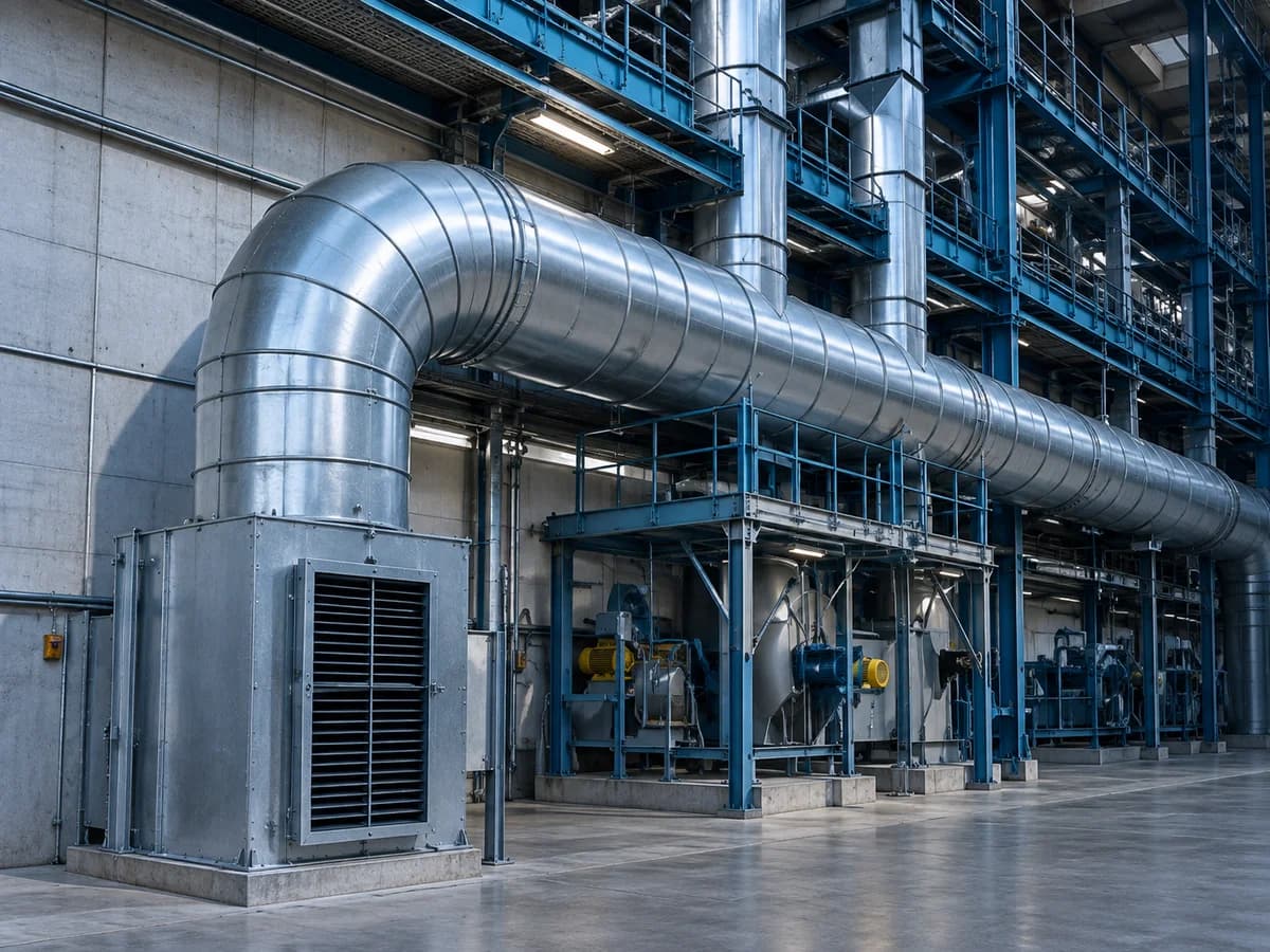 Render de rede de dutos de exaustão em instalação industrial