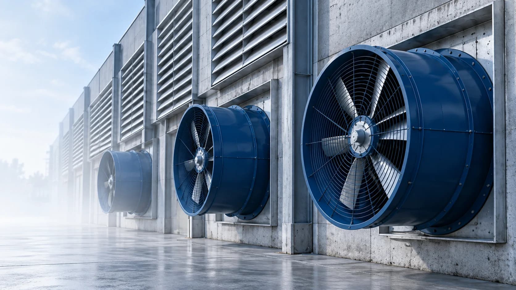 Render de ventiladores axiais azuis instalados na parede de uma unidade industrial