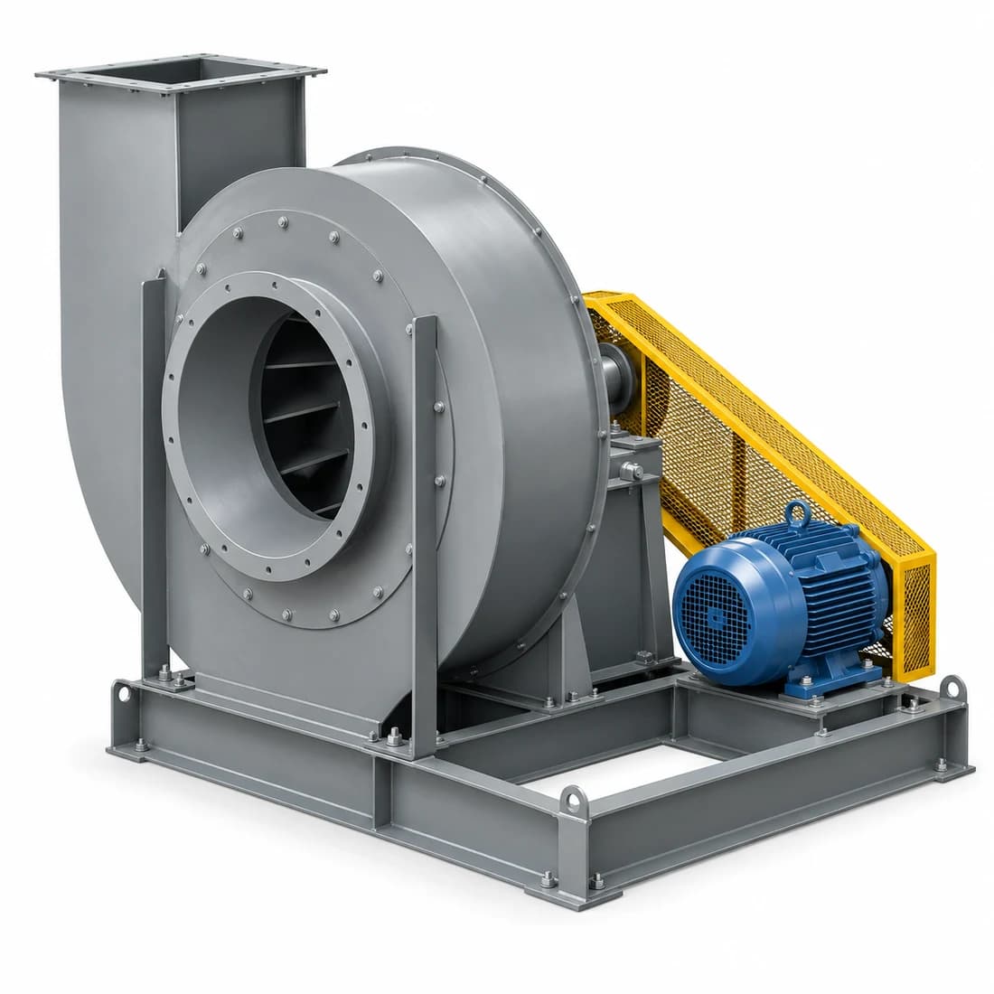 Render ilustrativo de exaustor centrífugo industrial com voluta metálica, motor azul e proteção amarela da transmissão