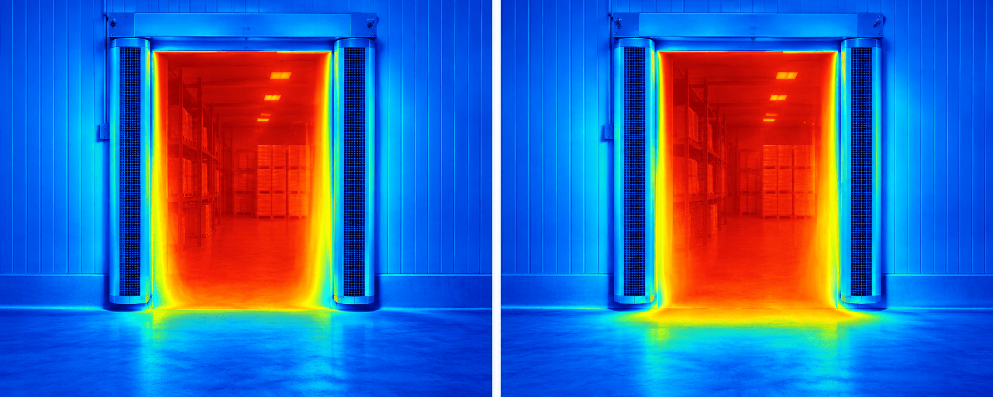Ilustração conceitual em falsa cor de duas orientações de cortinas de ar verticais em uma abertura frigorífica; não é uma termografia do ensaio