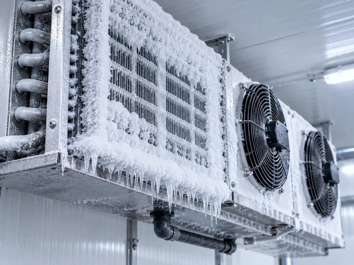 Evaporador de câmara frigorífica com aletas cobertas de gelo