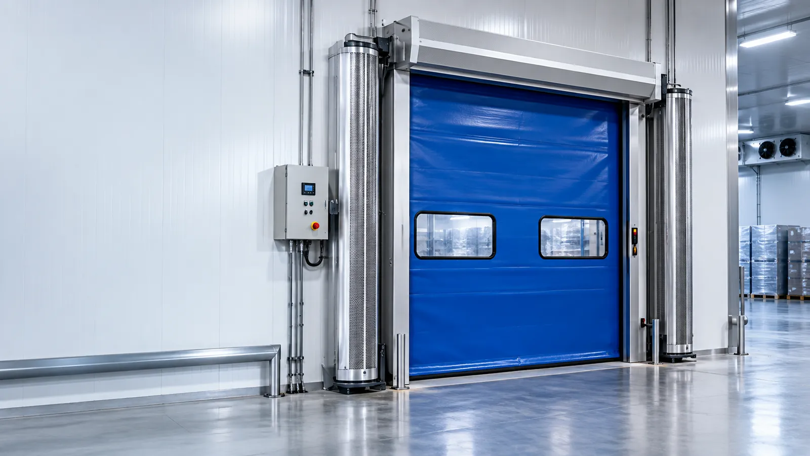 Porta rápida azul de câmara frigorífica com duas colunas verticais de cortina de ar nas laterais e painel de comando