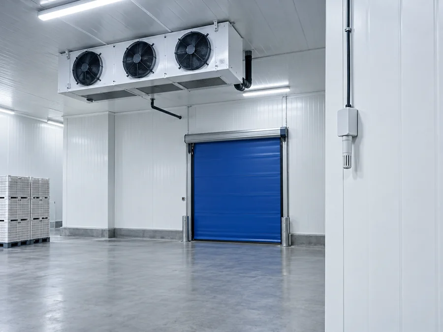 Câmara frigorífica com porta rápida azul fechada, evaporador no teto e sensor na parede