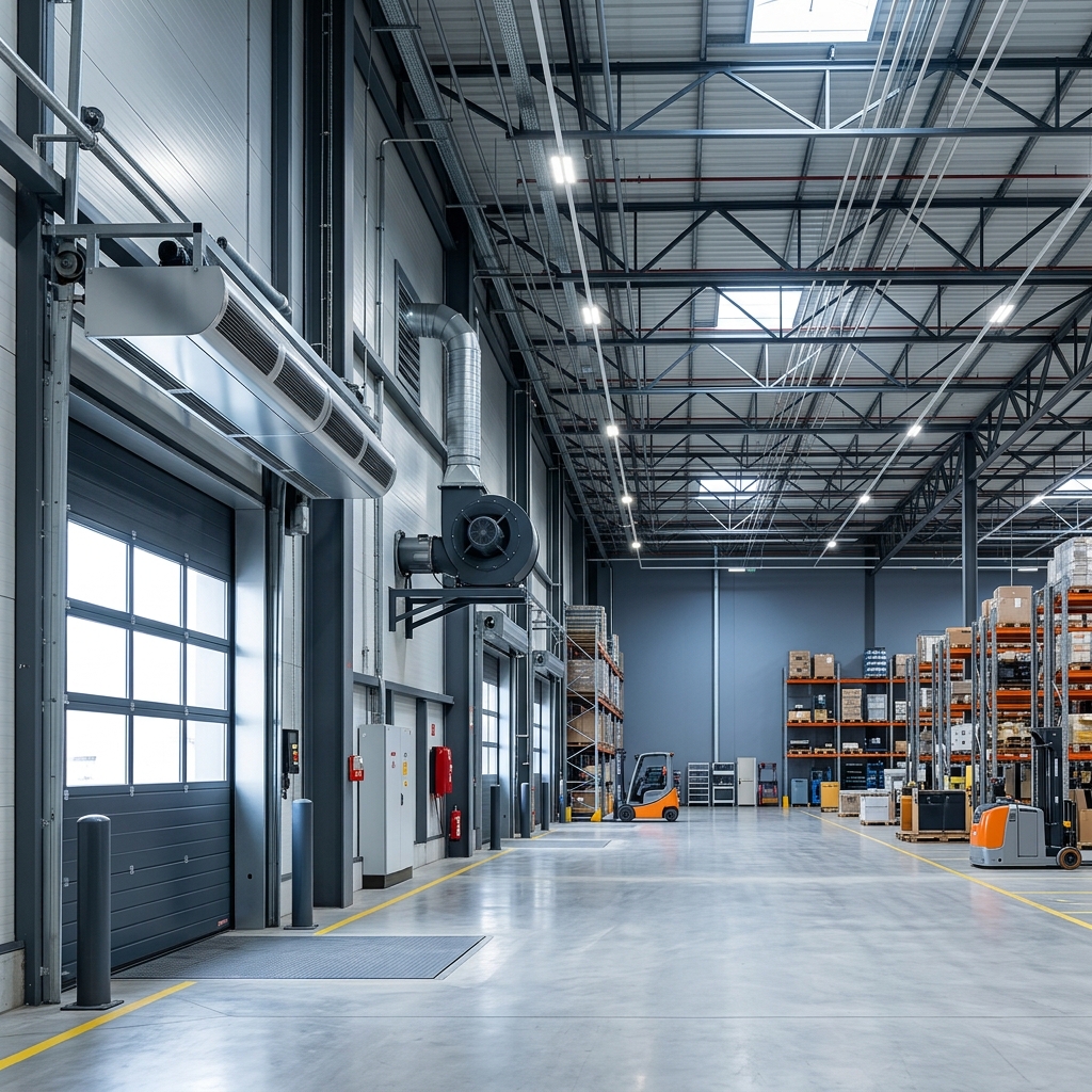 Galpao industrial com sistema de ventilacao industrial cortina de ar e dutos Tecnolatina